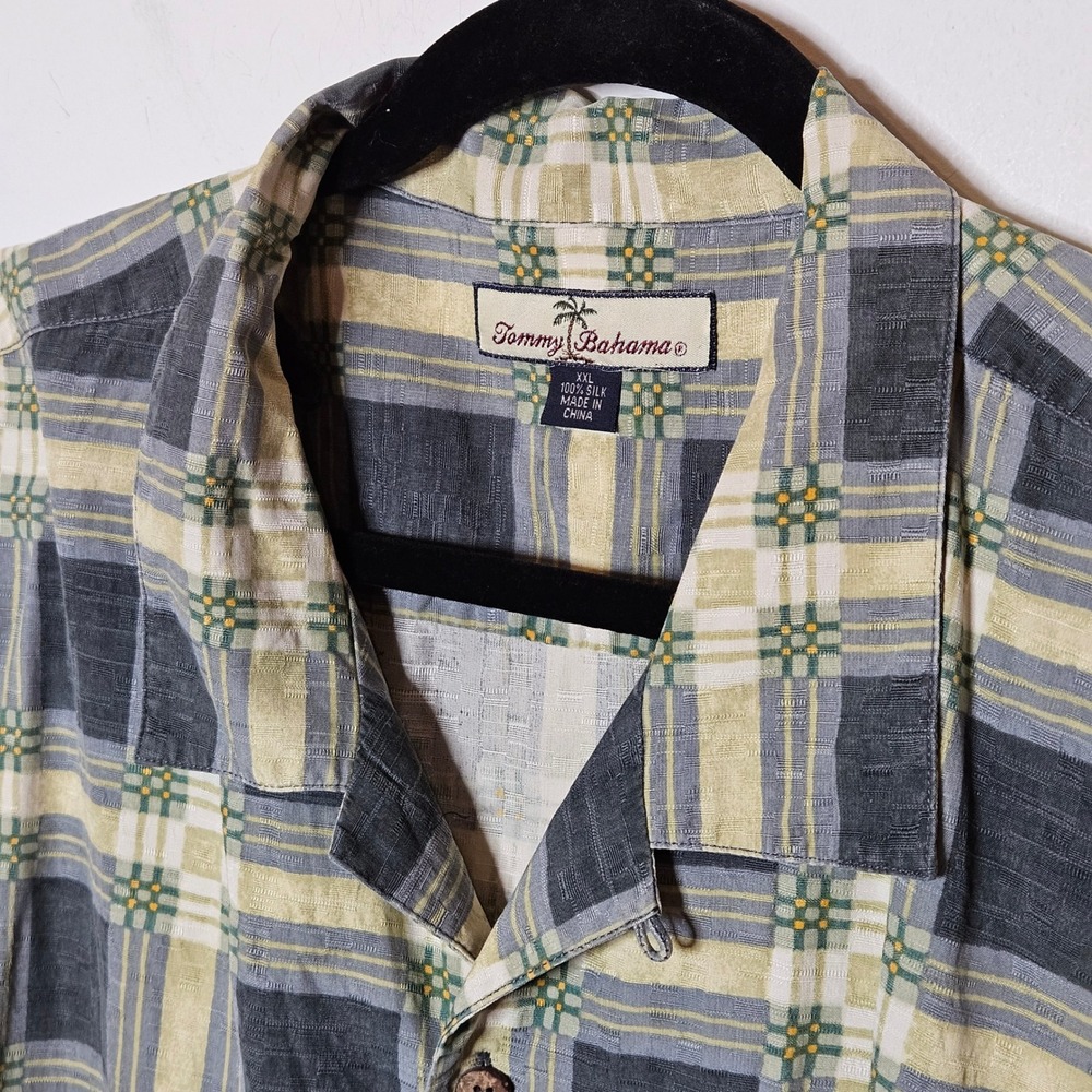 Tommy Bahama 100% Silk Shirt XXL Mens Plaid Short‎ Sleeve Button Up Camp